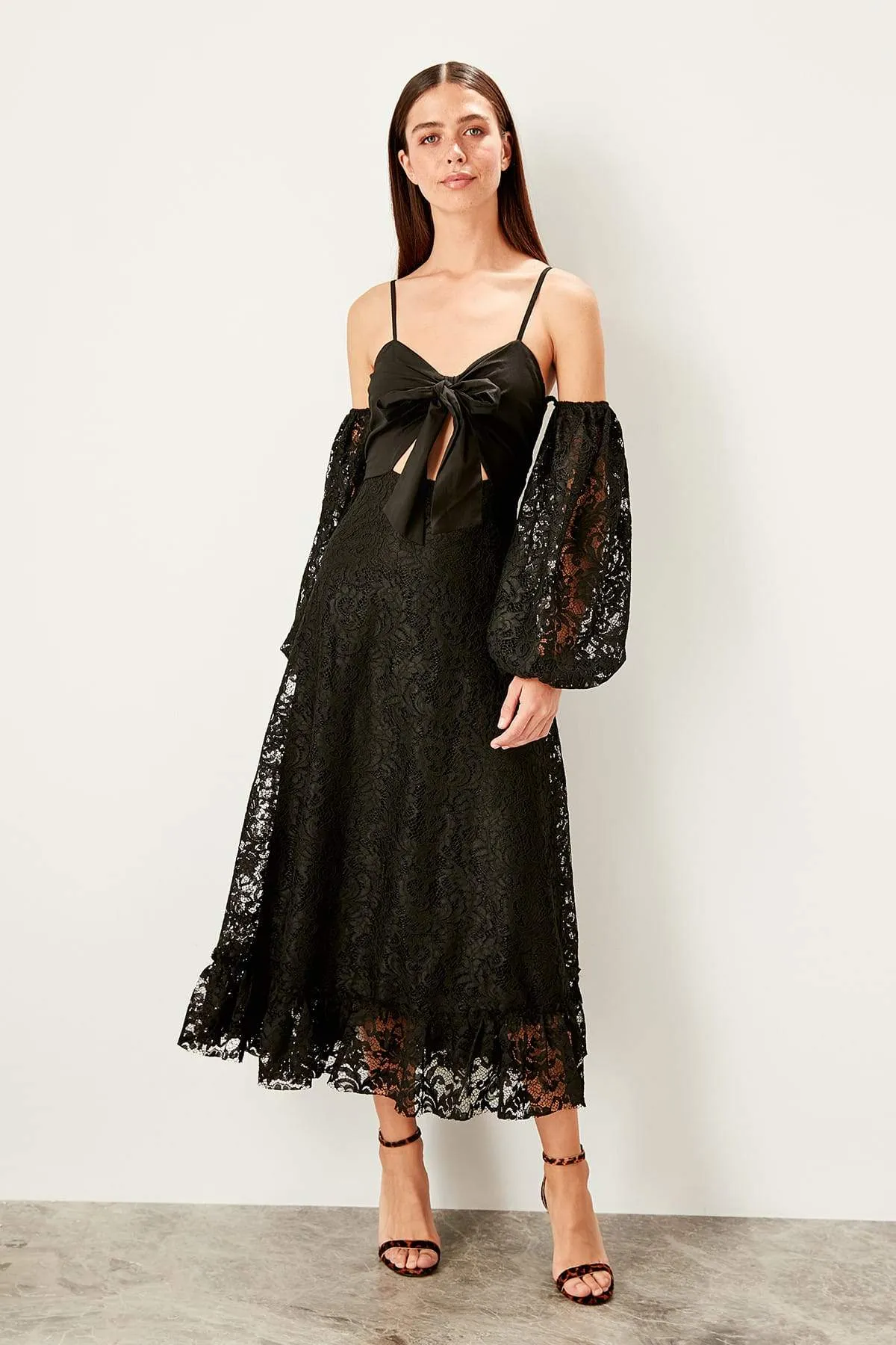 10889 Black Off-Shoulder Cutout Waist Lace Dress