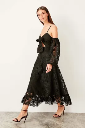 10889 Black Off-Shoulder Cutout Waist Lace Dress