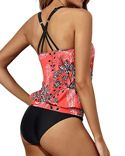 2 Piece Soft Padded Push Up Scoop Neck Tankini Set-Red Floral