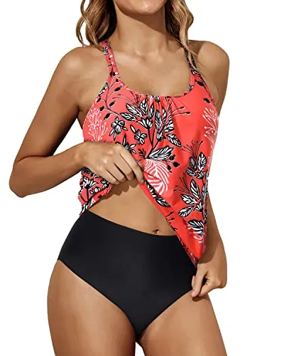 2 Piece Soft Padded Push Up Scoop Neck Tankini Set-Red Floral