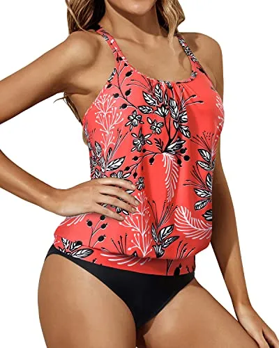 2 Piece Soft Padded Push Up Scoop Neck Tankini Set-Red Floral