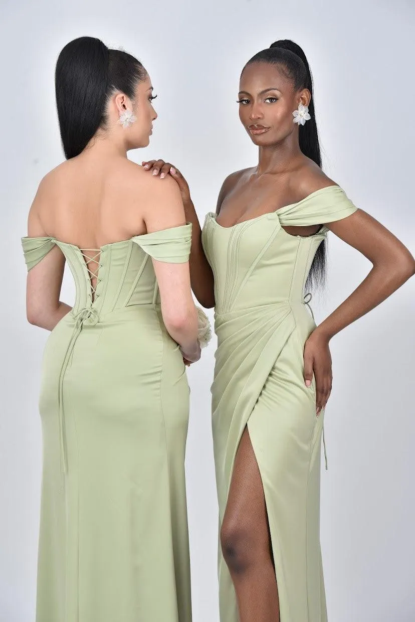 ARIANNA Detachable Off Shoulder Corset Bridesmaids Maxi Dress with Side Split - Sage Green