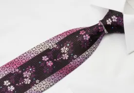 Arnaldo Bassini Silk Crystal Rhinestone Necktie Floral On Purple With Silver Sparkles