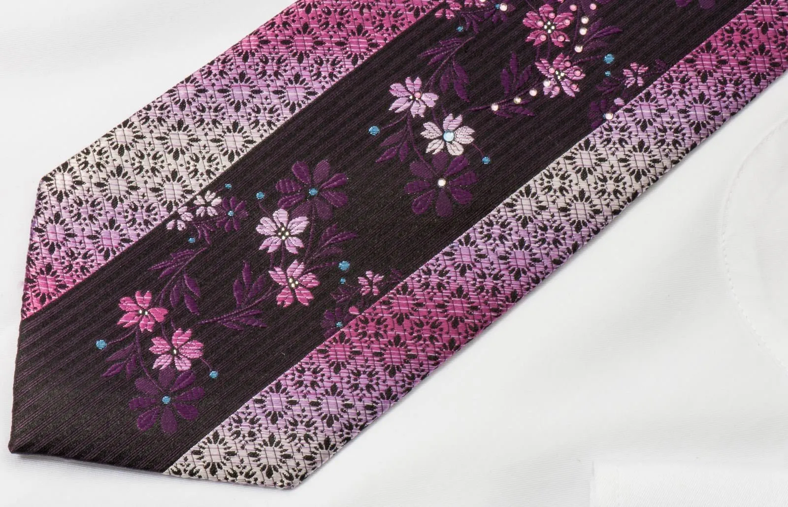 Arnaldo Bassini Silk Crystal Rhinestone Necktie Floral On Purple With Silver Sparkles