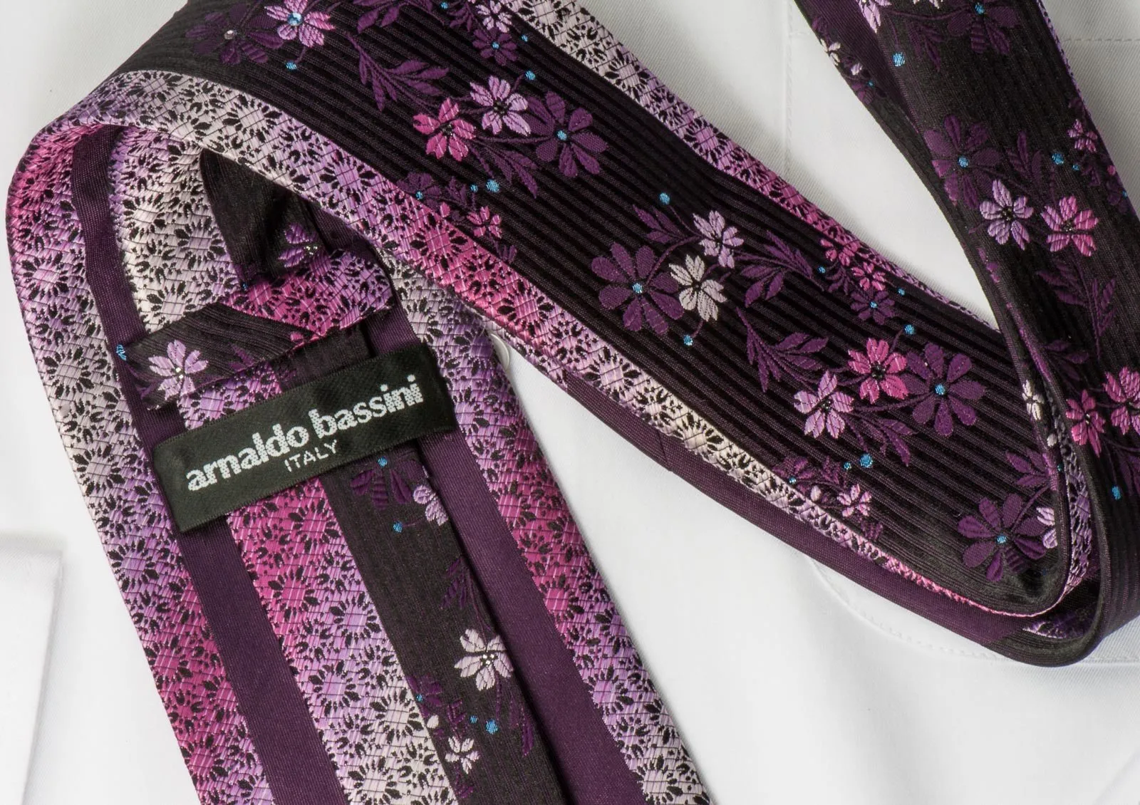 Arnaldo Bassini Silk Crystal Rhinestone Necktie Floral On Purple With Silver Sparkles