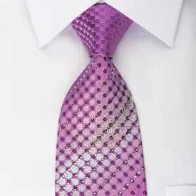 Arpeggio Rhinestone Silk Necktie Checker Dots On Purple With Silver Sparkles