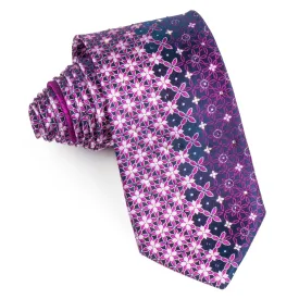 Bassic Elle Silk Necktie Pink Geometric Floral Design On Purple With Rhinestones