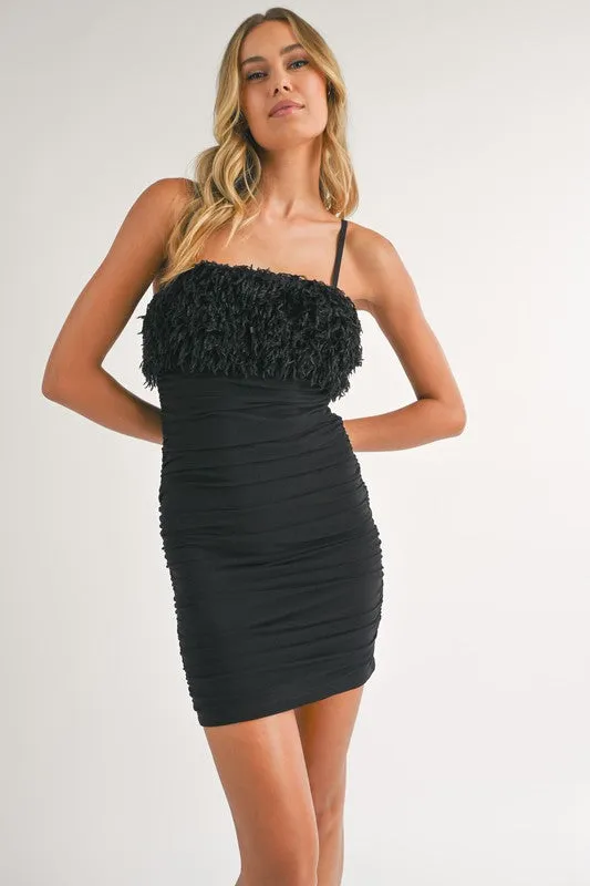 Black Feather Trim Top Mesh Ruched Mini Dress