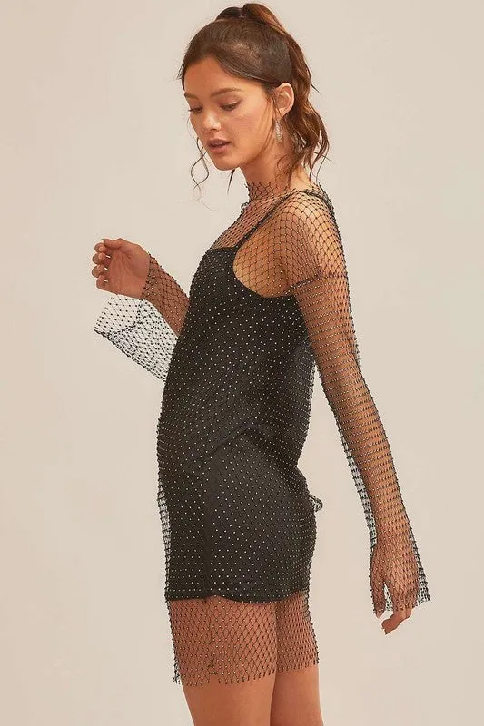 Black Fishnet With Rhinestone Sexy Mini Dress