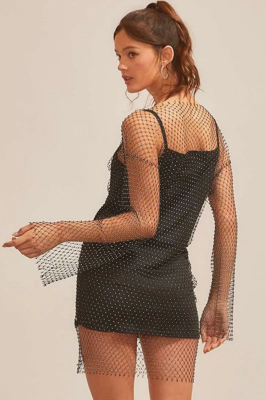 Black Fishnet With Rhinestone Sexy Mini Dress