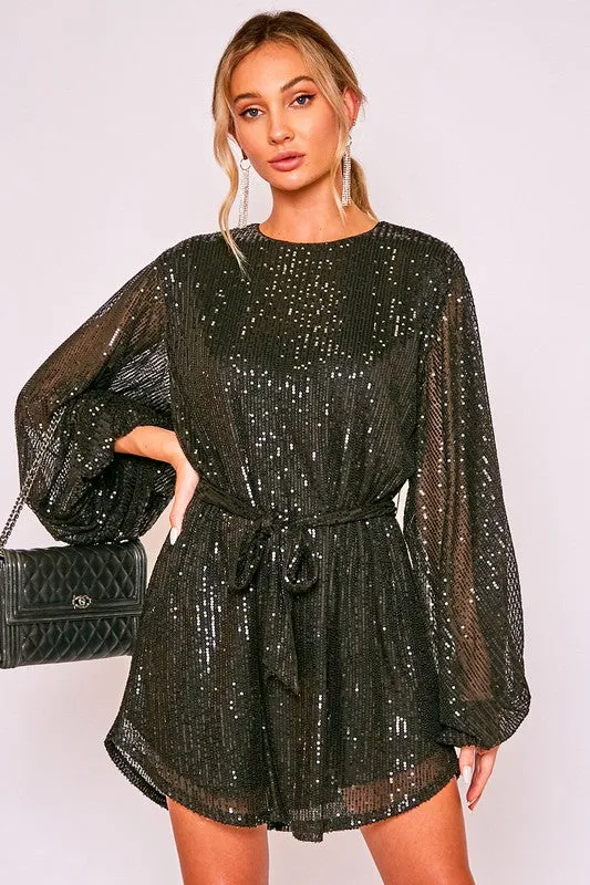 Black Round Neck Balloon Sleeve Sequin Dress