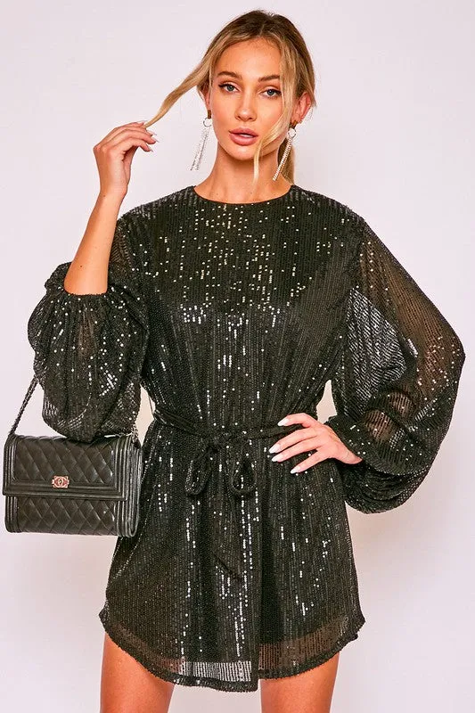 Black Round Neck Balloon Sleeve Sequin Dress