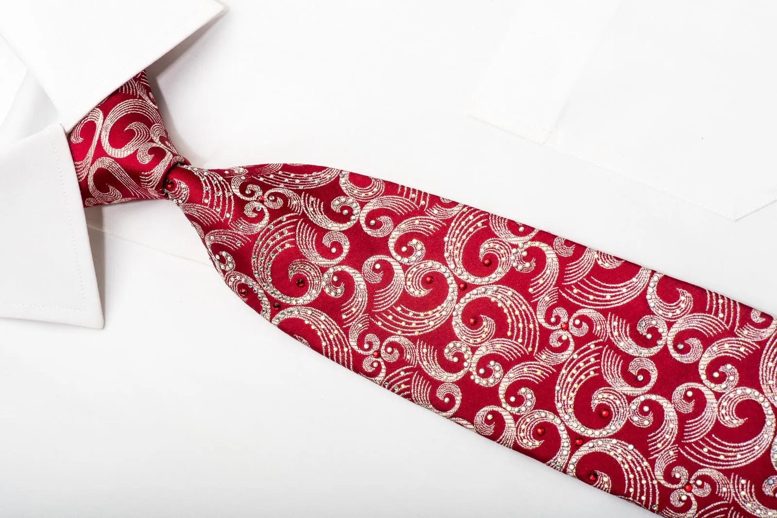 Bruno Baffi Men's Silk Tie Silver Scrolls On Red Sparkling With Rhinestones