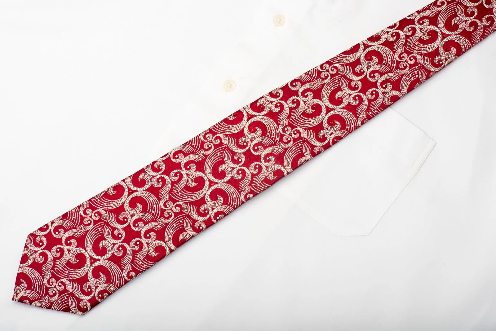 Bruno Baffi Men's Silk Tie Silver Scrolls On Red Sparkling With Rhinestones