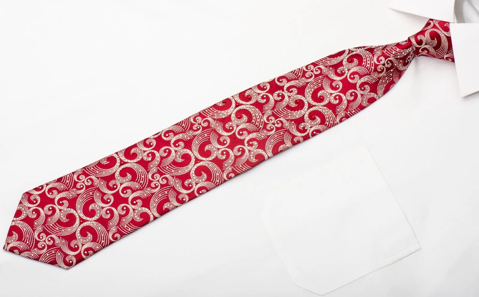 Bruno Baffi Men's Silk Tie Silver Scrolls On Red Sparkling With Rhinestones