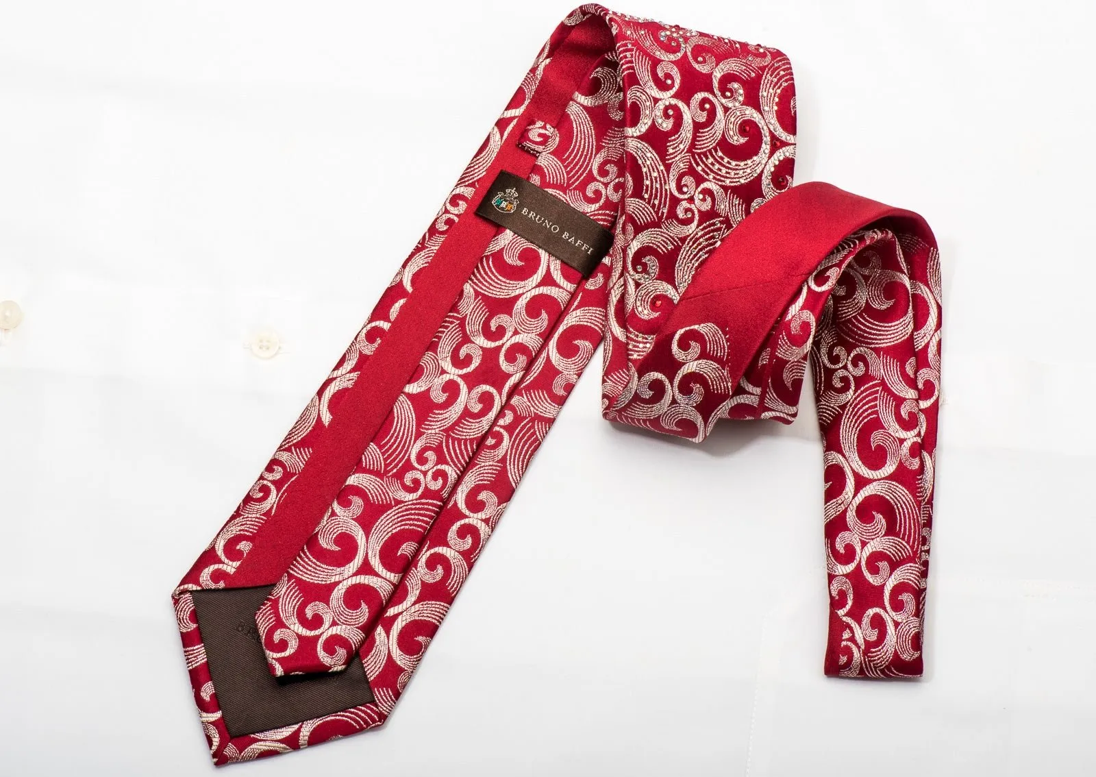 Bruno Baffi Men's Silk Tie Silver Scrolls On Red Sparkling With Rhinestones