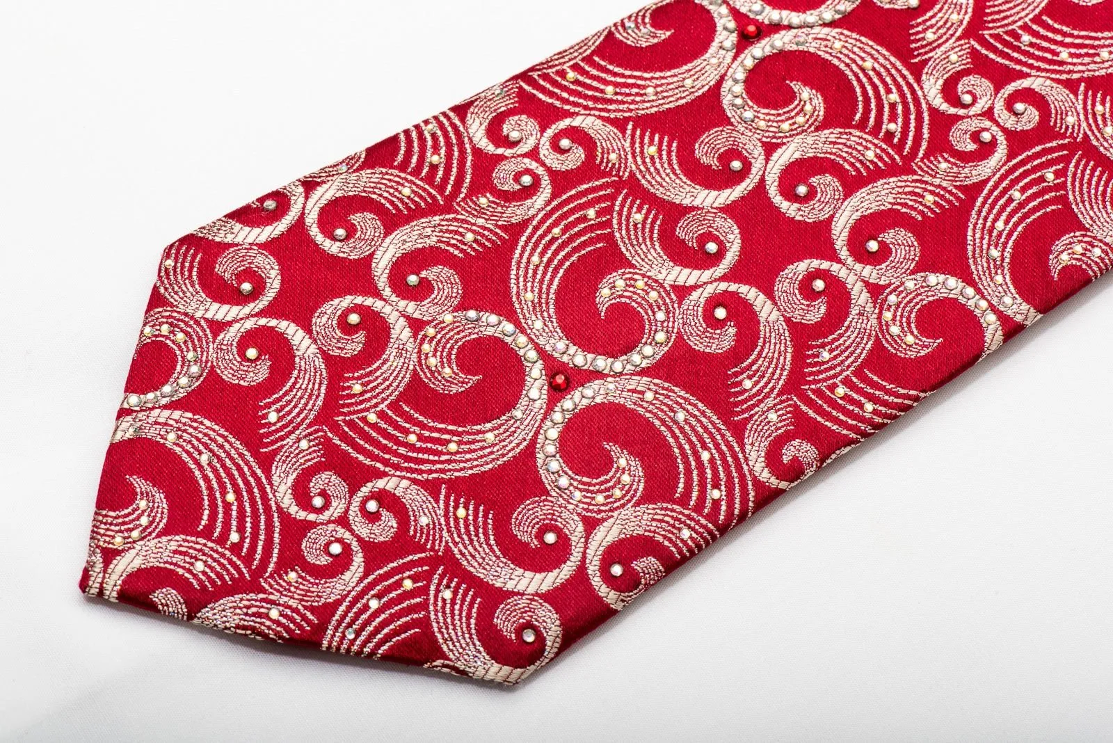 Bruno Baffi Men's Silk Tie Silver Scrolls On Red Sparkling With Rhinestones