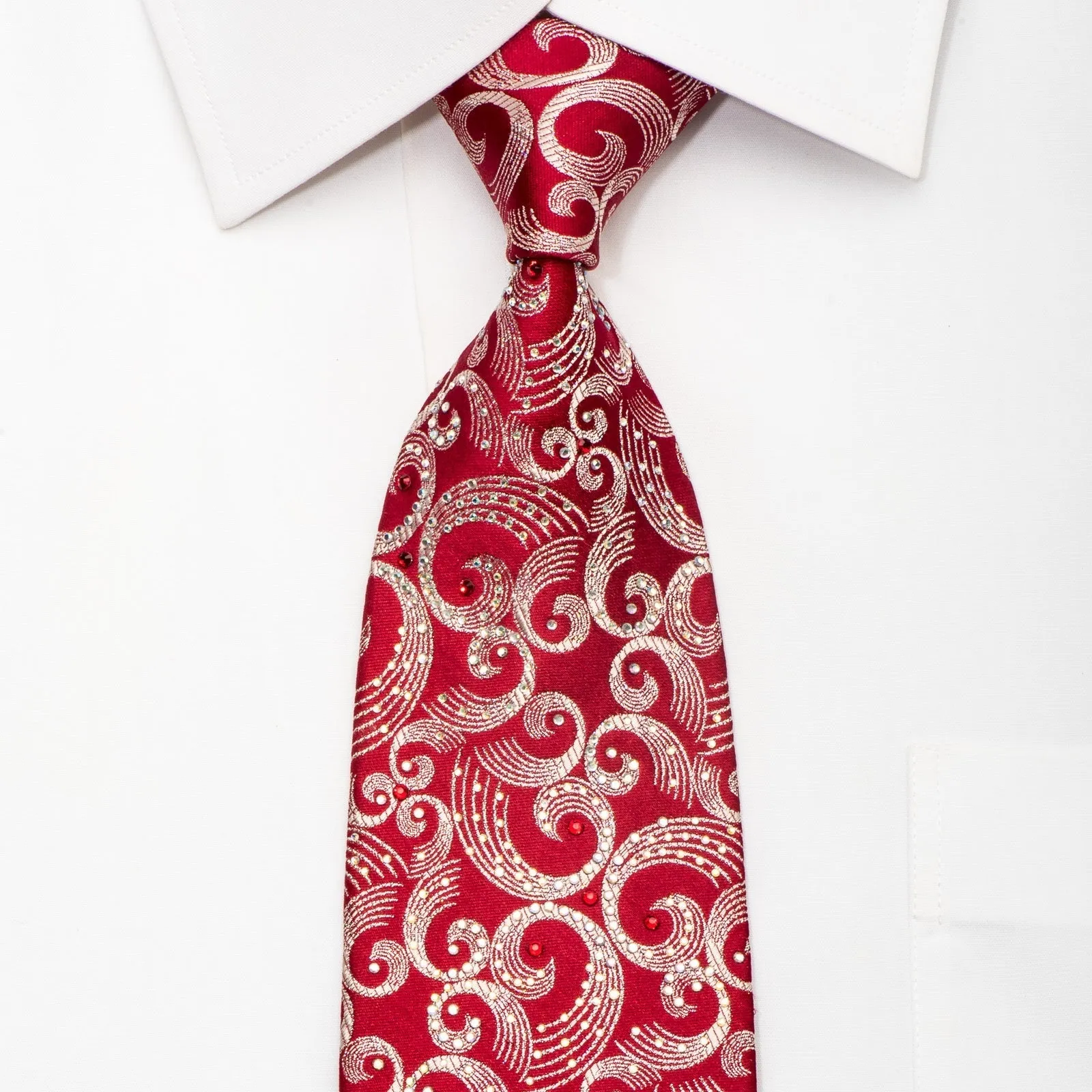 Bruno Baffi Men's Silk Tie Silver Scrolls On Red Sparkling With Rhinestones