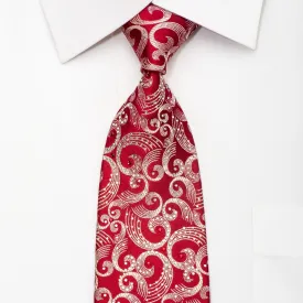 Bruno Baffi Men's Silk Tie Silver Scrolls On Red Sparkling With Rhinestones