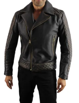 CAFE KNIGHT Leather Jacket Cafe Brown Quilted Gold Zips