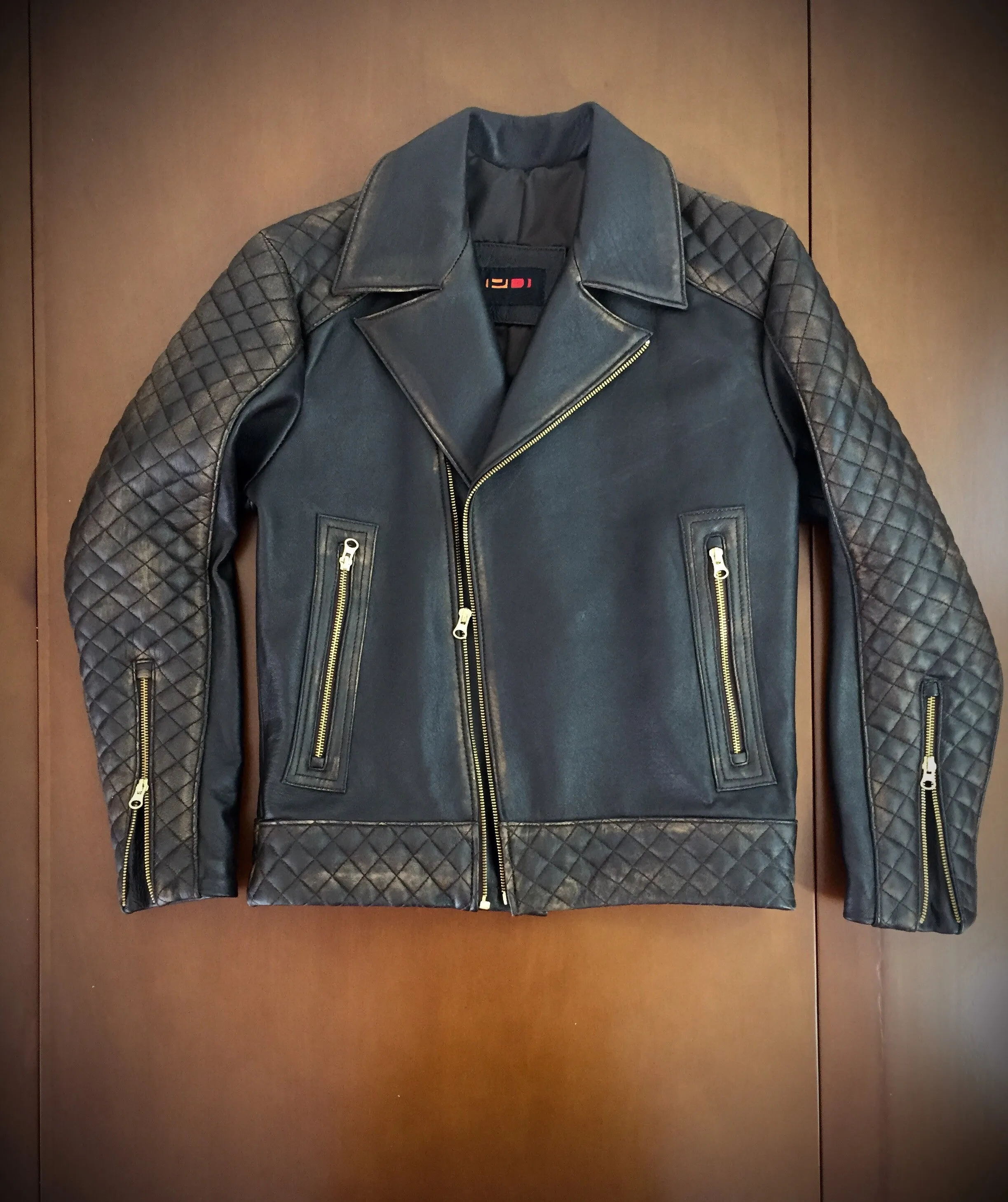 CAFE KNIGHT Leather Jacket Cafe Brown Quilted Gold Zips