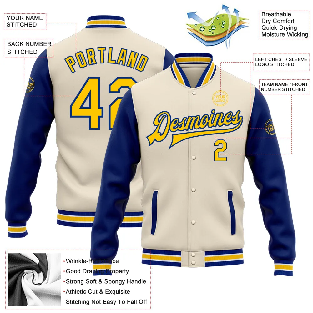 Custom Cream Yellow-Royal Bomber Full-Snap Varsity Letterman Two Tone Jacket