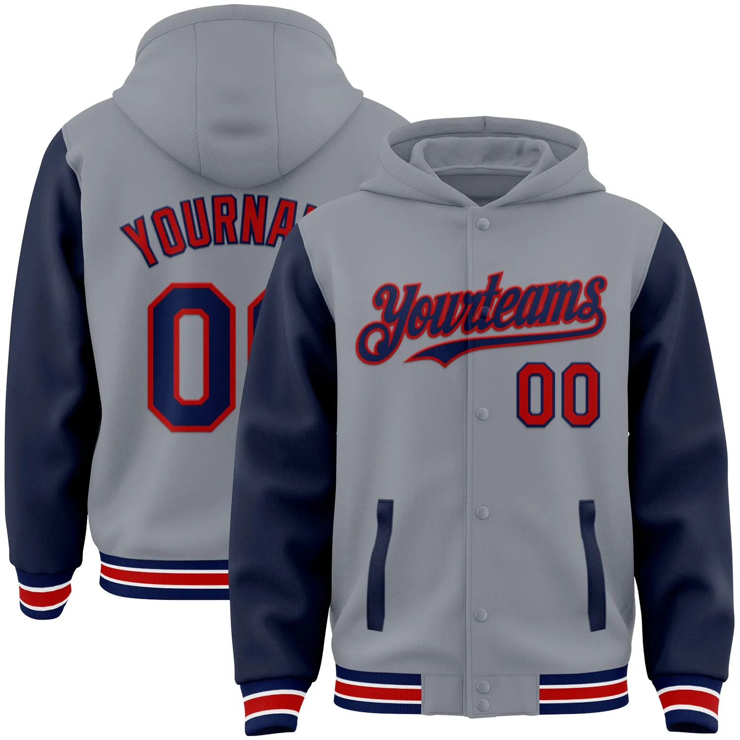 Custom Gray Navy-Red Bomber Full-Snap Varsity Letterman Two Tone Hoodie Jacket