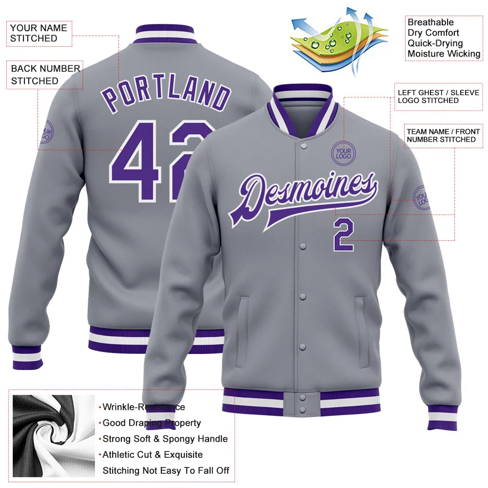 Custom Gray Purple-White Bomber Full-Snap Varsity Letterman Jacket