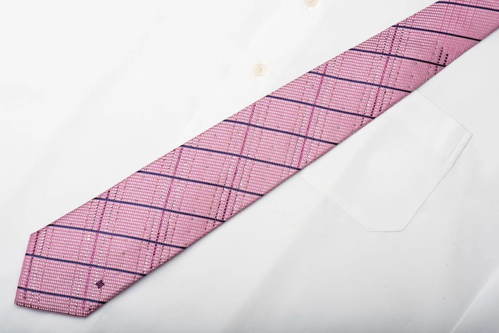 Daks Men's Silk Tie Striped On Pink Sparkling With Crystal Rhinestones