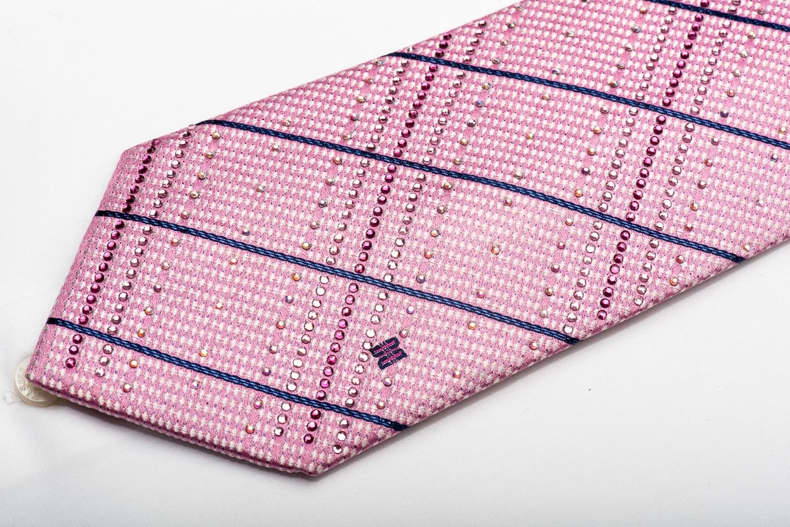 Daks Men's Silk Tie Striped On Pink Sparkling With Crystal Rhinestones