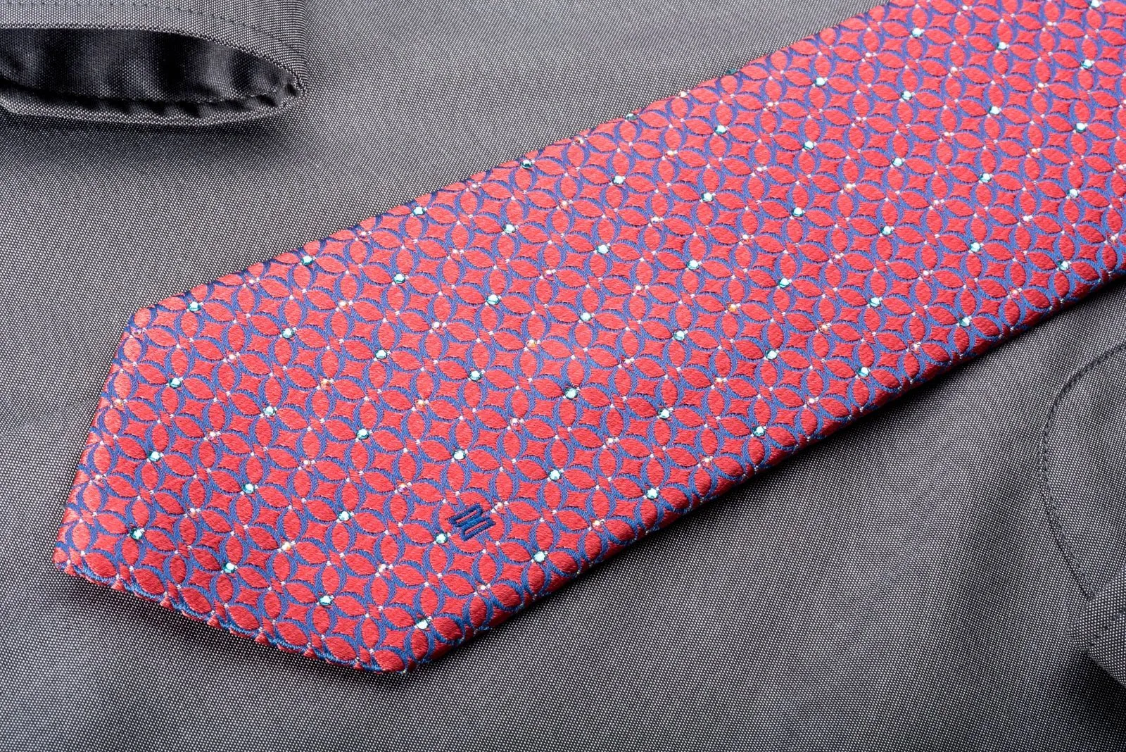 Daks Rhinestone Silk Necktie Blue Geometric On Pink With Silver Sparkles