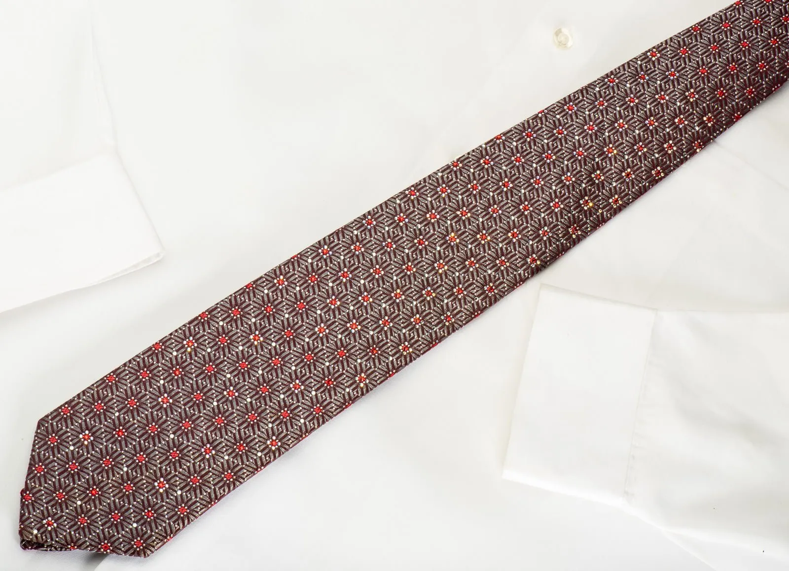 Daks Silk Necktie Silver Geometric Pentagons On Dark Burgundy With Red Rhinestones