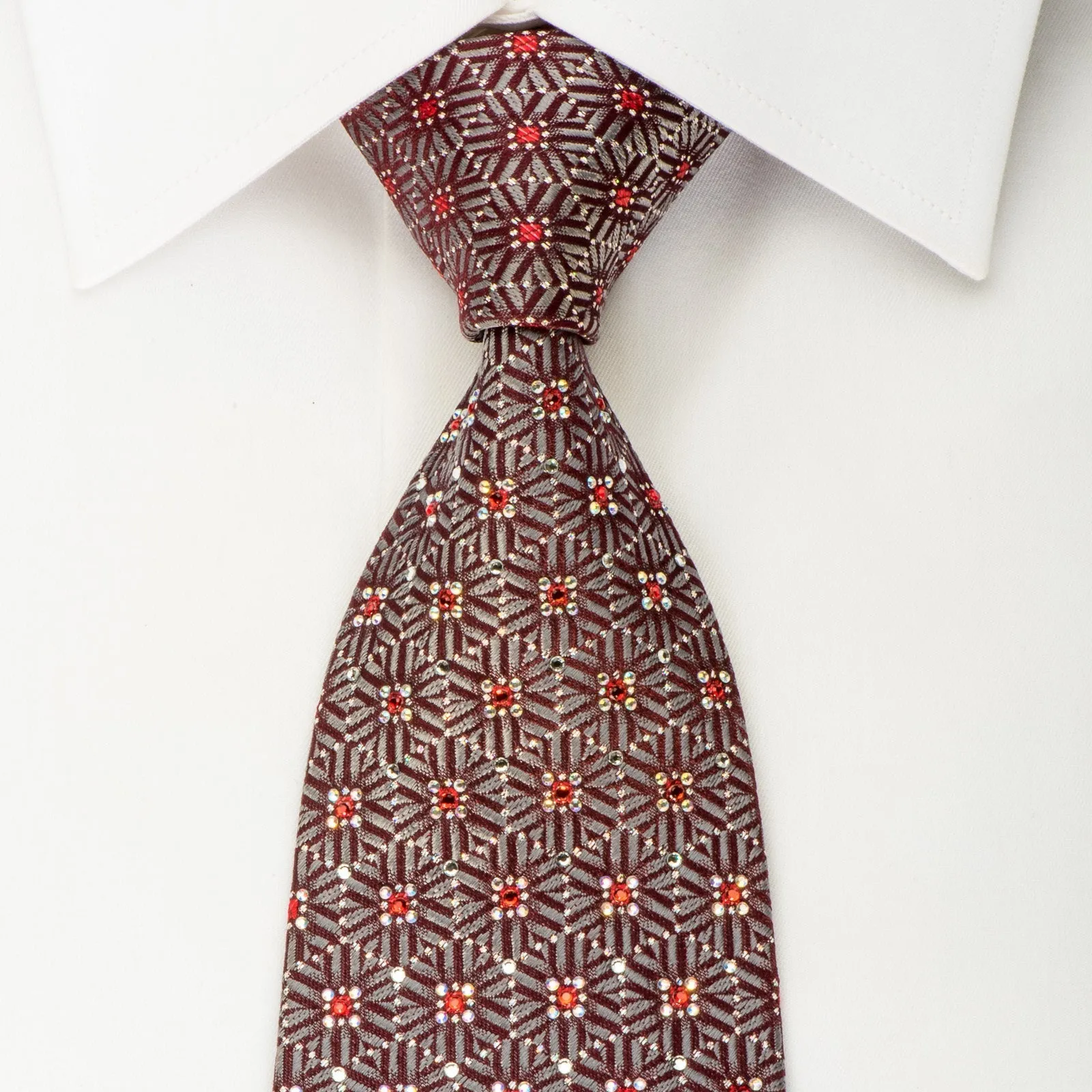 Daks Silk Necktie Silver Geometric Pentagons On Dark Burgundy With Red Rhinestones