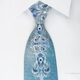 Daniel Hechter Bling Silk Tie Silver Damask On Turquoise Violet With Rhinestones