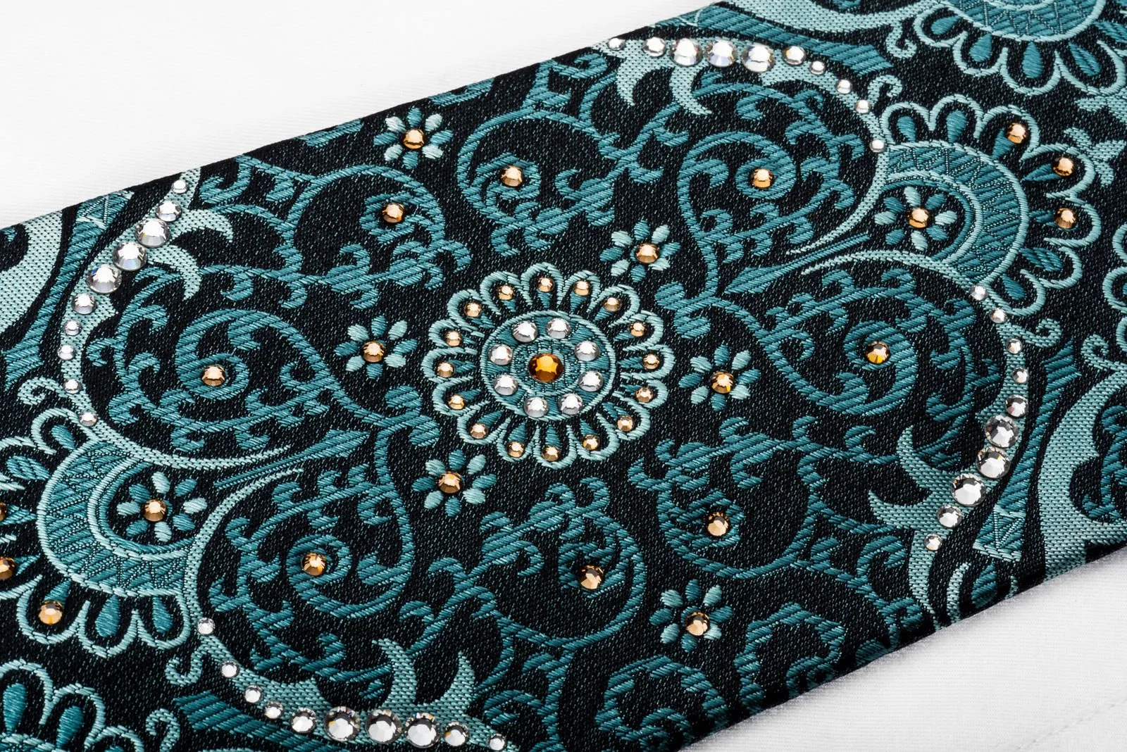 Daniel Hechter Men's Silk Tie Teal Damask On Black Sparkling With Rhinestones