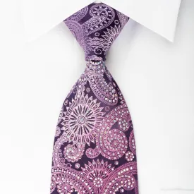 Daniel Hechter Silk Necktie Paisley On Purple Sparkling With Rhinestones