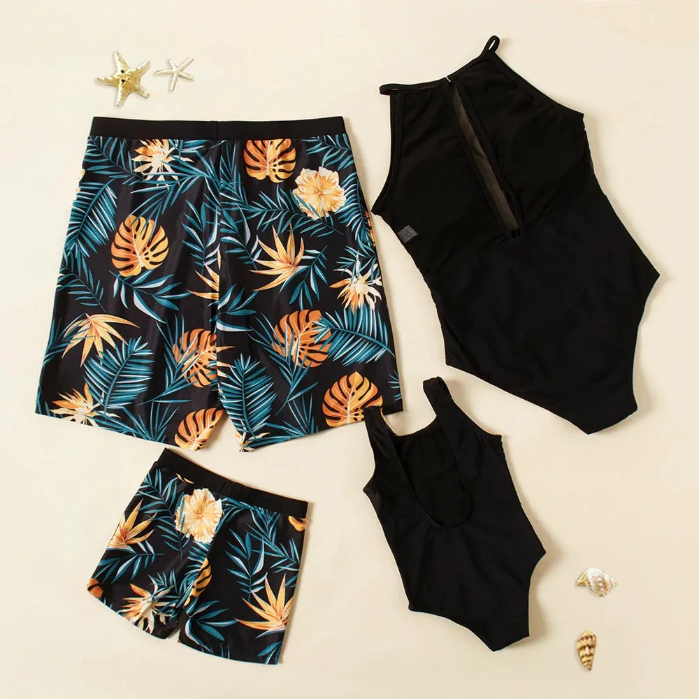 Family Matching Swimsuits Floral Palm Tree One Piece Swimwear Mother Daughter Swimwear