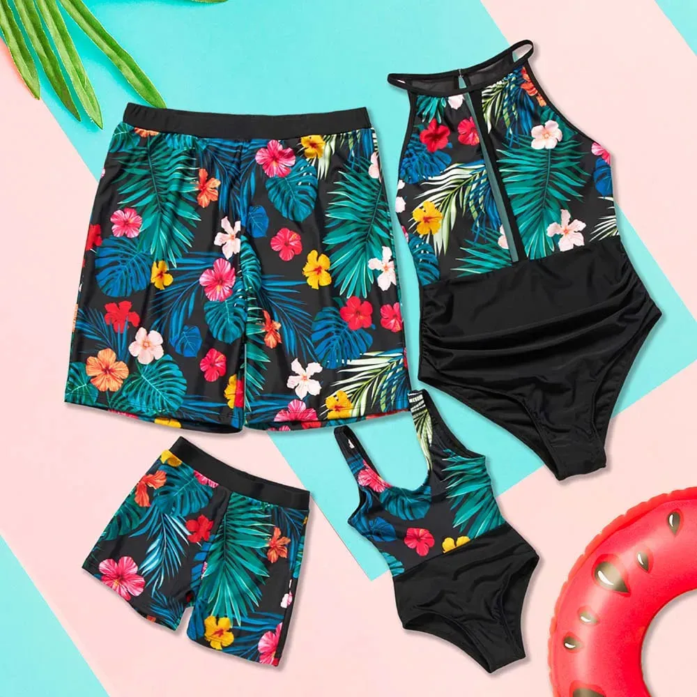 Family Matching Swimsuits Floral Palm Tree One Piece Swimwear Mother Daughter Swimwear