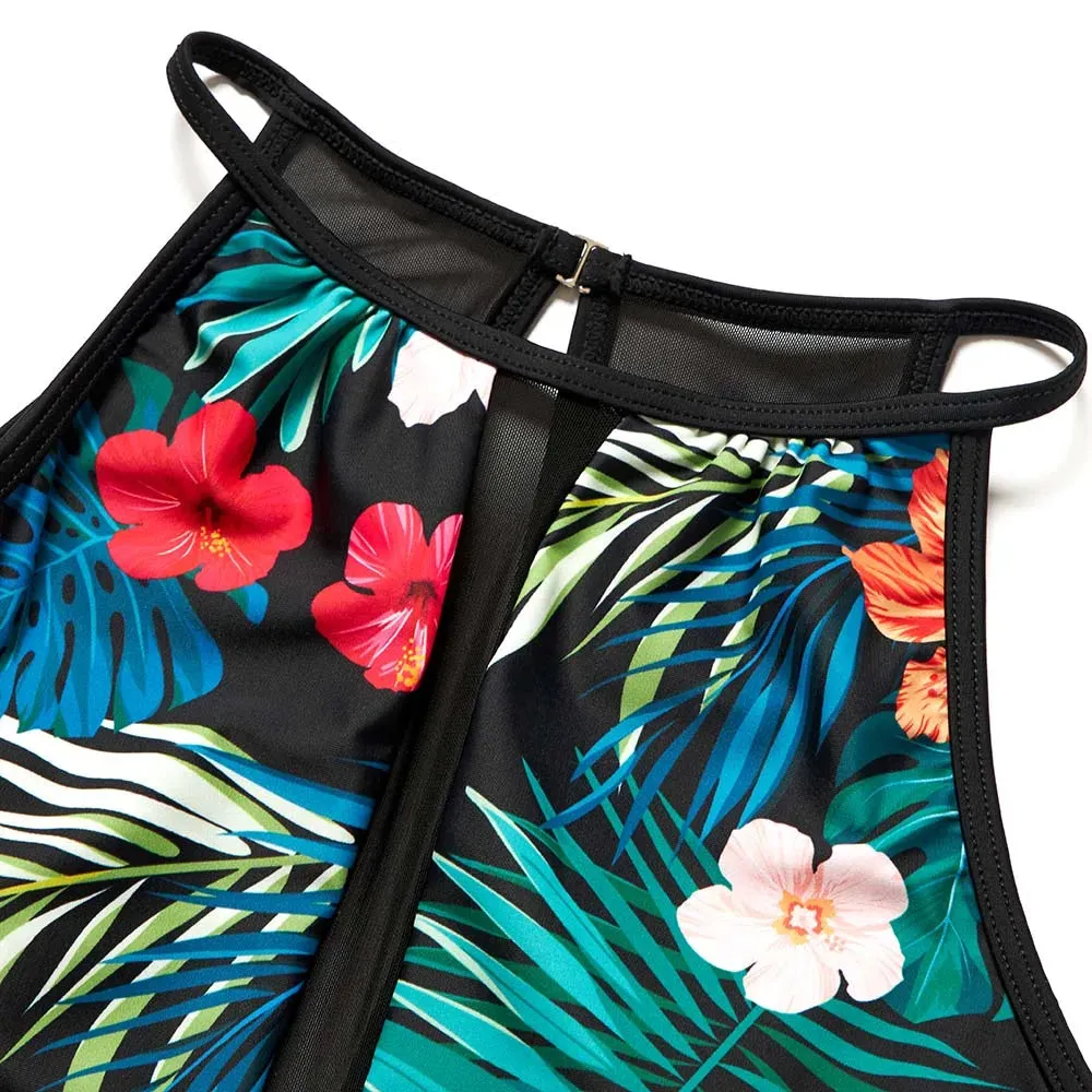 Family Matching Swimsuits Floral Palm Tree One Piece Swimwear Mother Daughter Swimwear