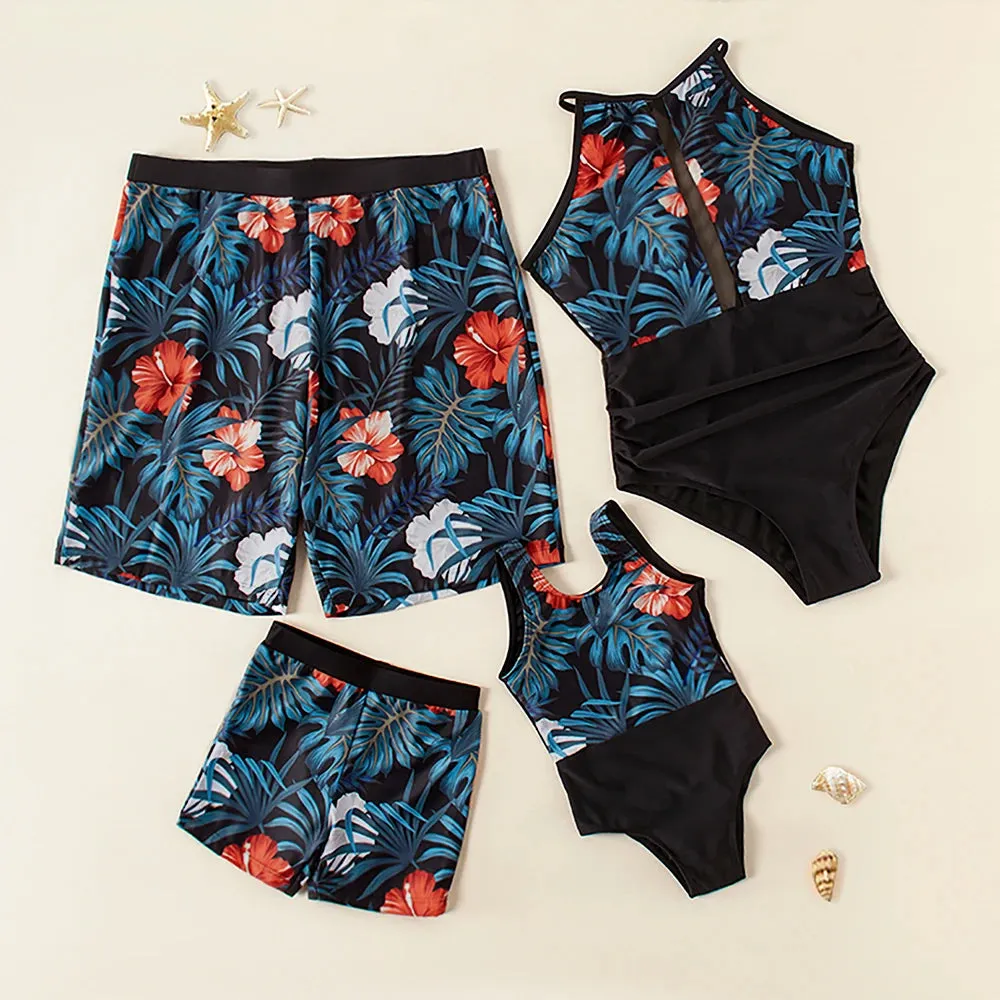 Family Matching Swimsuits Floral Palm Tree One Piece Swimwear Mother Daughter Swimwear