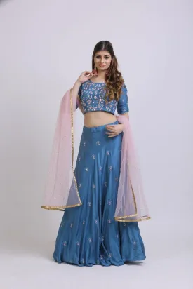 Gayatri - Blue and Pink Embroidered Silk Lehenga Set