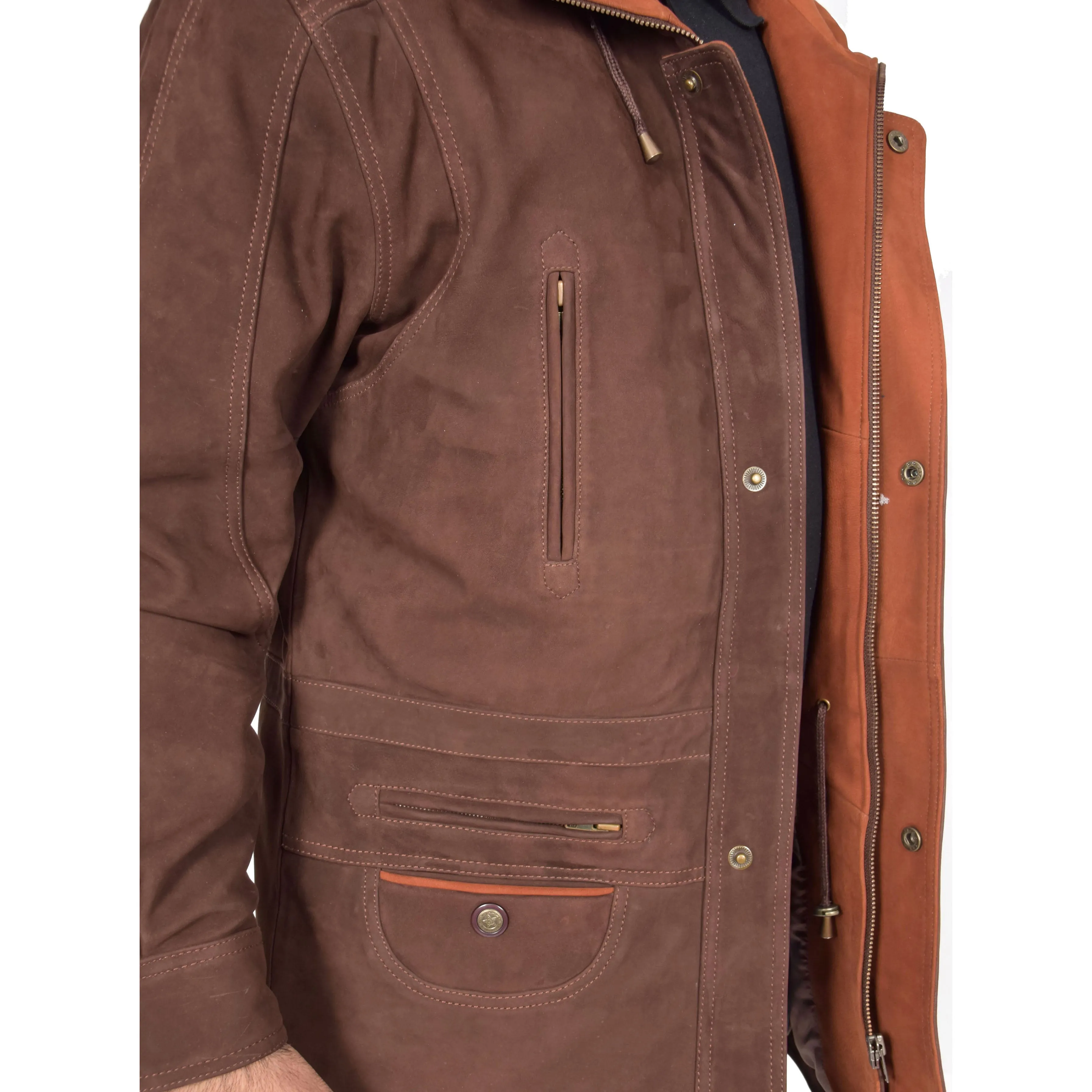 Gents Nubuck Leather Parka Coat Henry Brown