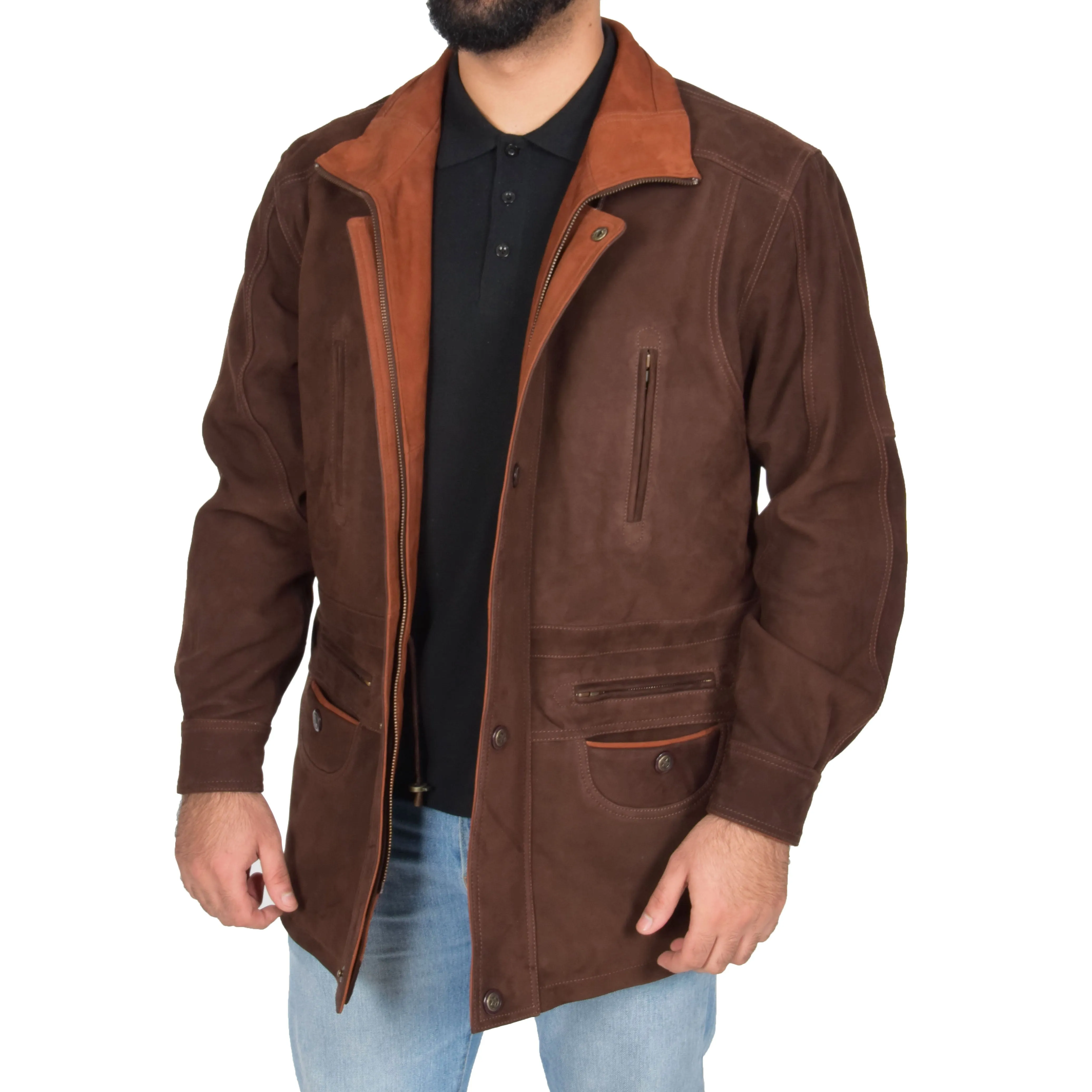 Gents Nubuck Leather Parka Coat Henry Brown