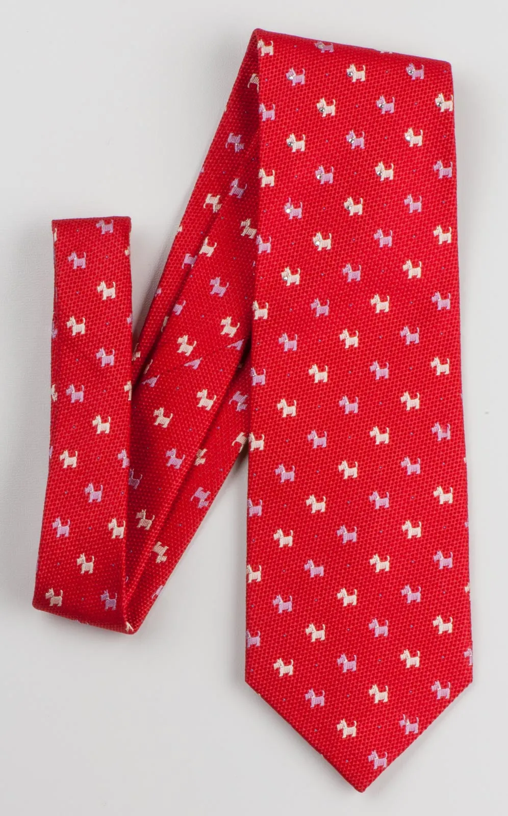 Intercrew Men's Woven Silk Neck Tie Mauve & White Scottie Dogs On Red With Rhinestones