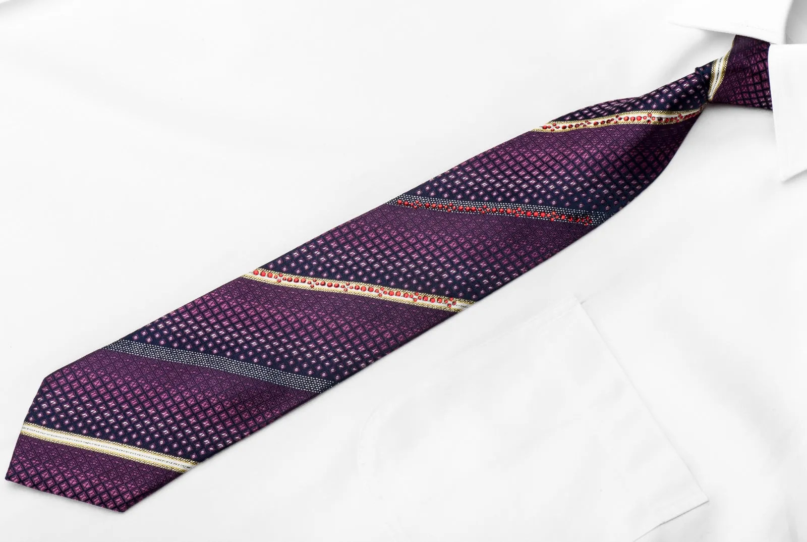 Lancetti Men's Crystal Rhinestone Silk Necktie Striped On Purple With Sparkles