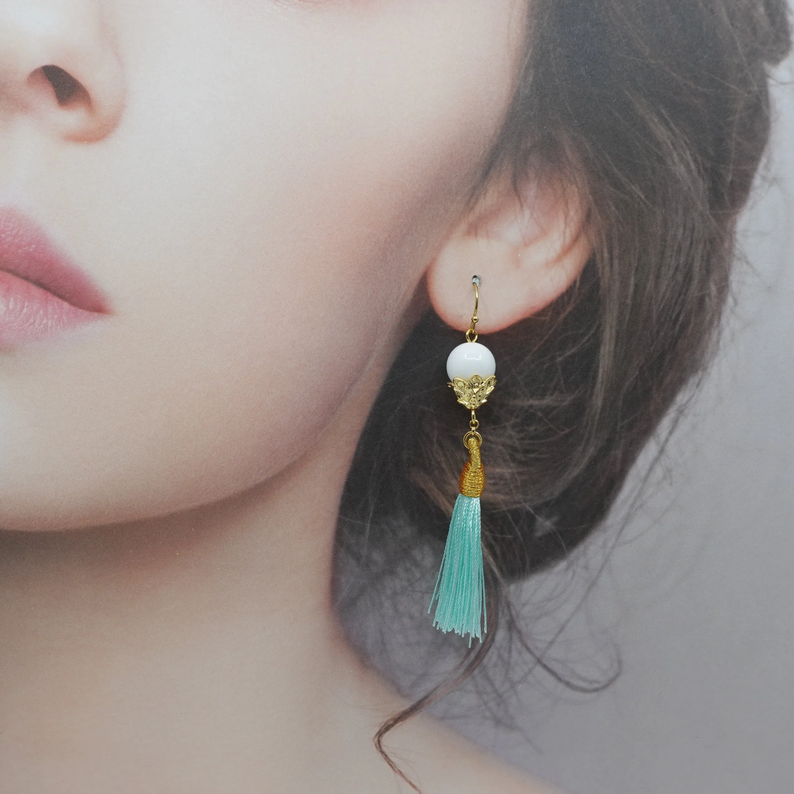 Little Lotus Silk Tassel Earrings - Mint Green