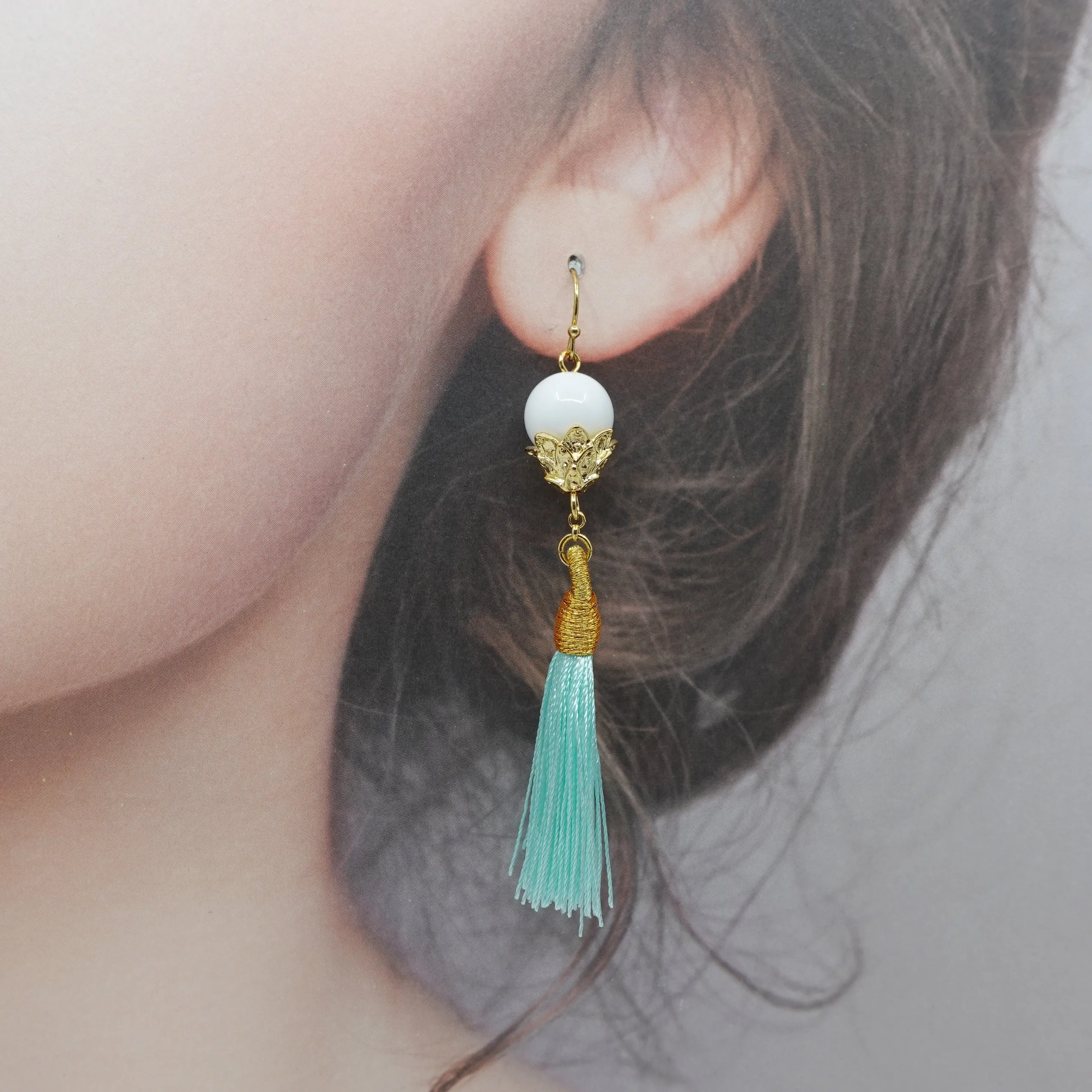 Little Lotus Silk Tassel Earrings - Mint Green