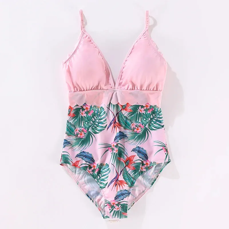 Matching Family Swimwear Pink Floral Leaves Swim Set