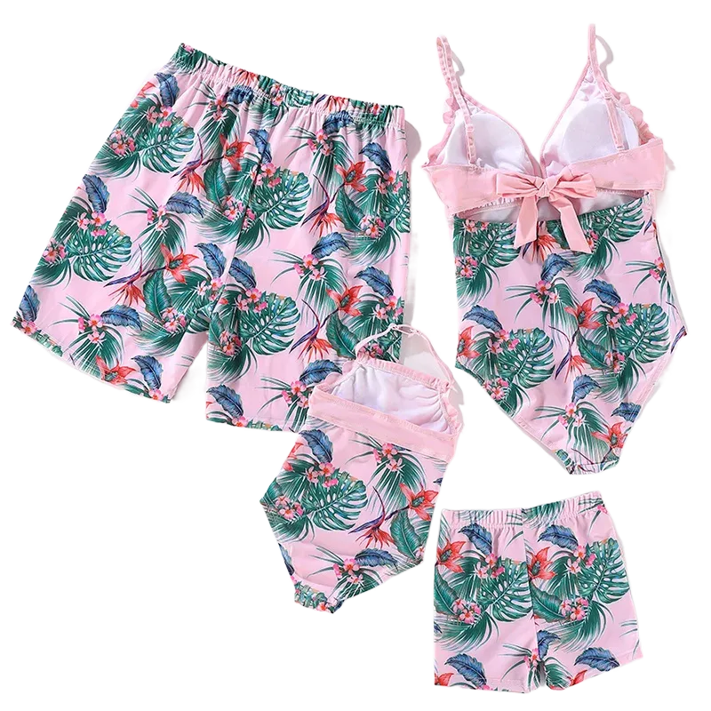 Matching Family Swimwear Pink Floral Leaves Swim Set