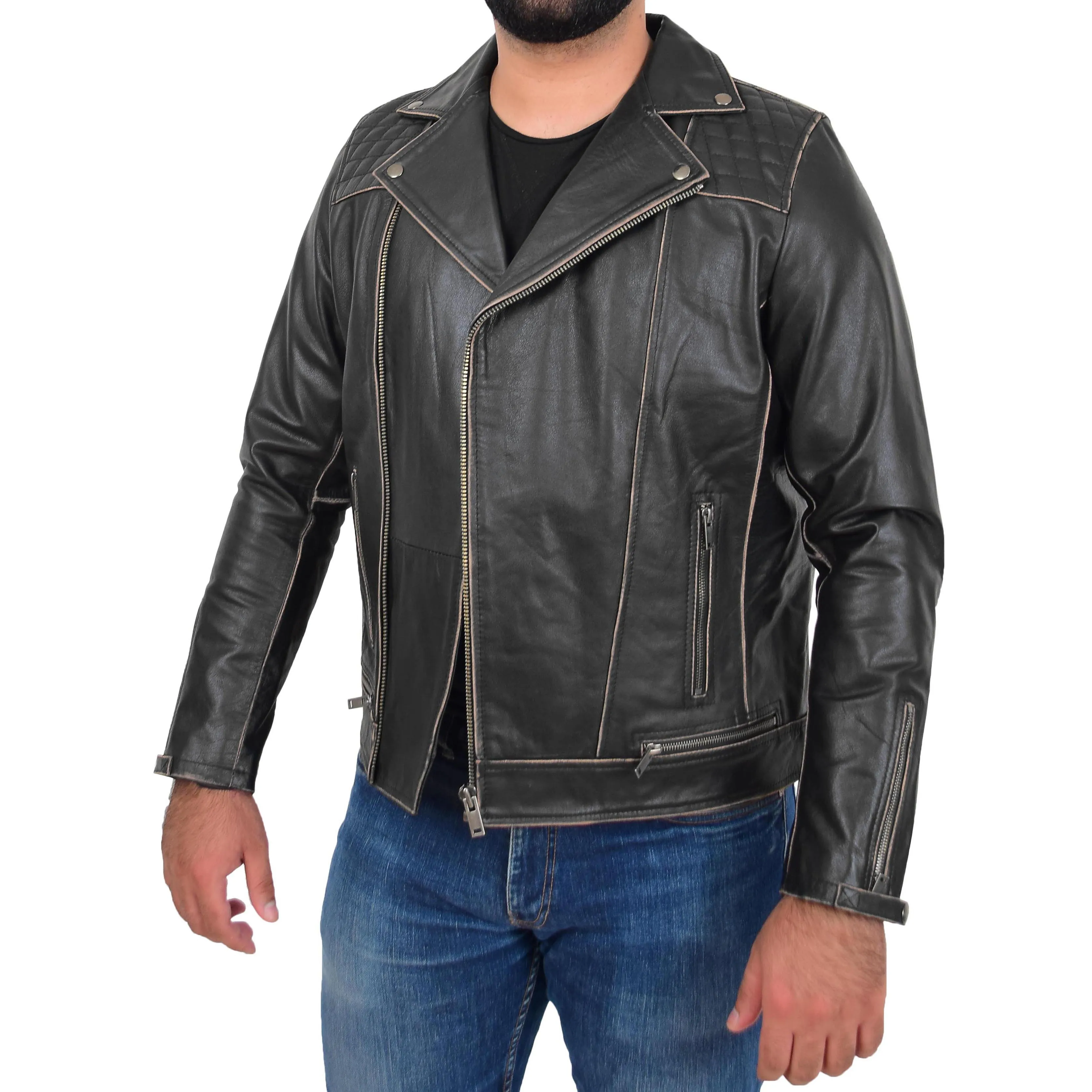 Mens Real Leather Biker Jacket Cruz Rub Off